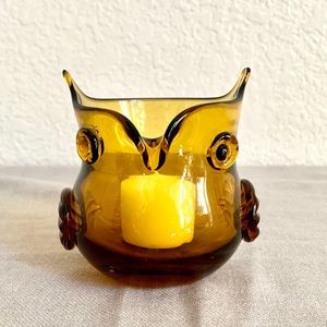 Amber Glass Owl Candle Holder